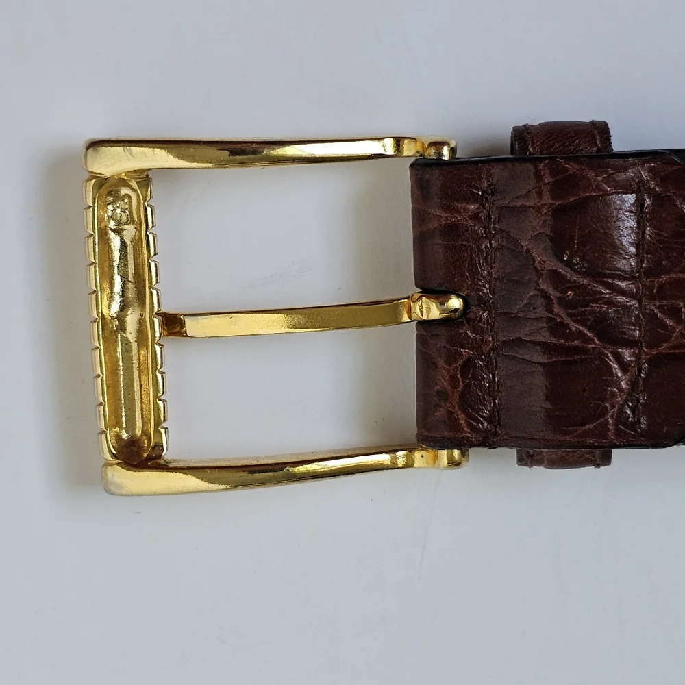 ✨ Vintage Gianni Versace Medusa Studded Leather Belt Brown Croc, Gold & Silver